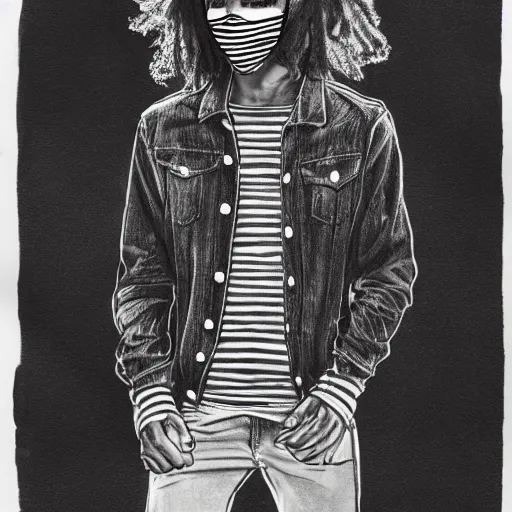 Image similar to professional pencil sketch of a full-body view of a young adult man with medium-length hair wearing a black face mask, a striped long-sleeved shirt, and ripped skinny jeans, high quality, HD, 8K, highly detailed, award-winning