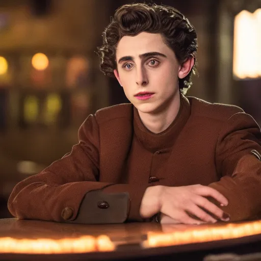 Image similar to timothee chalamet sitting at quark's bar on deep space nine, 3 5 mm photography, highly detailed, cinematic lighting, 4 k