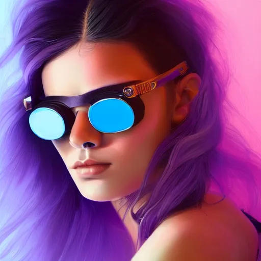 Prompt: closeup painting of a very beautiful young mexican cyberpunk woman wearing light blue shutter shades, one side haircut, long brown hair with light blue ends, purple leather jacket, portrait, hyperdetailed, artstation, cgsociety, 8 k, synthwave image
