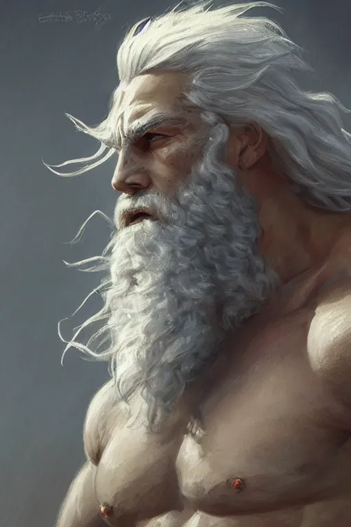 Image similar to painted portrait of rugged zeus, god of thunder, greek god, white hair, masculine, mature, handsome, upper body, muscular, hairy torso, fantasy, intricate, elegant, highly detailed, digital painting, artstation, concept art, smooth, sharp focus, illustration, art by gaston bussiere and greg rutkowski