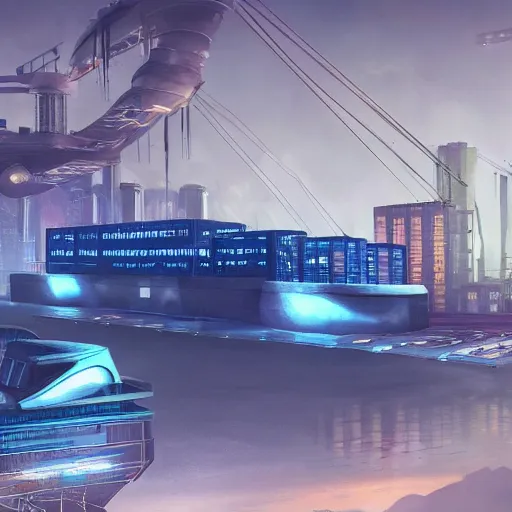 Image similar to Immense industrial futuristic cargo ship arrives at cyber punk city sea port, cinematic lighting, concept art