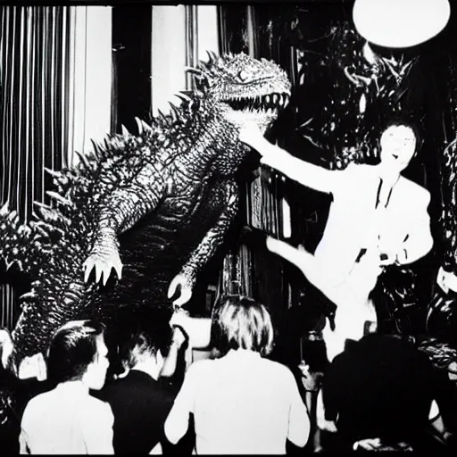 Prompt: extremely realistic toho godzilla partying at studio 5 4 b & w grainy photograph lots of celebrities including very realistic andy warhol