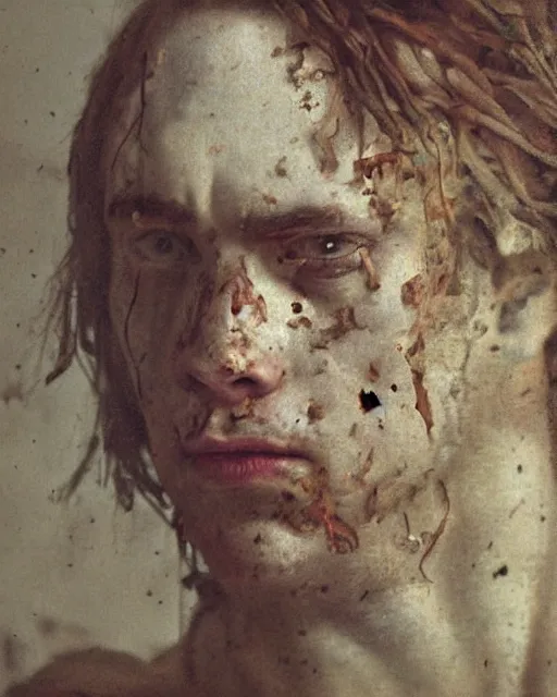 Prompt: a beautiful and eerie baroque painting of a beautiful but serious man, with haunted eyes and freckles, 1 9 7 0 s, seventies, peeling wallpaper, wilted flowers, morning light showing injuries, delicate ex embellishments, painterly, offset printing technique