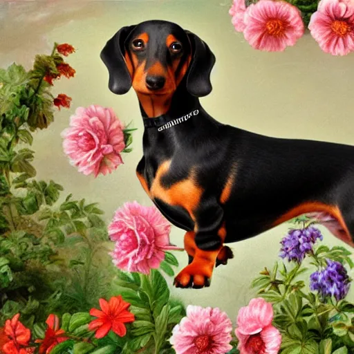 Image similar to Dachshund dog sitting in flowers, highly detailed photo in the style of Franz Xaver Winterhalter and Aetherpunk