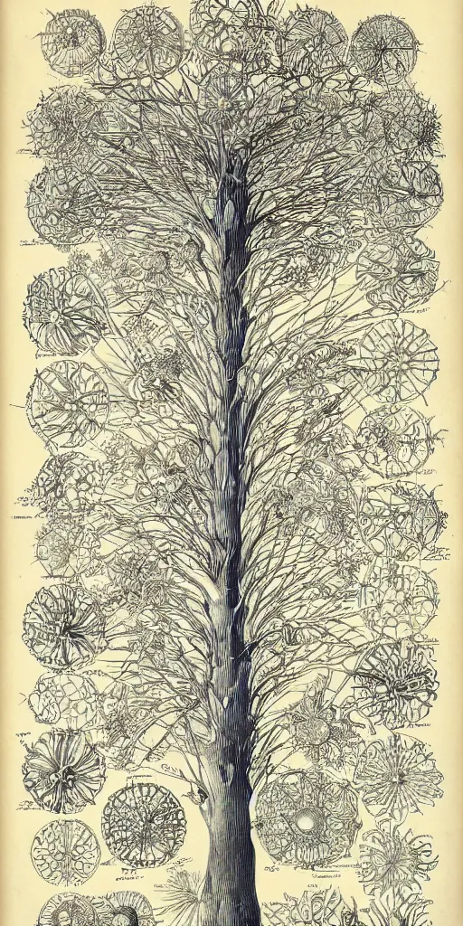 Image similar to Detailed Infographic Blueprint by Ernst Haeckel of a giant beautiful diatom tree