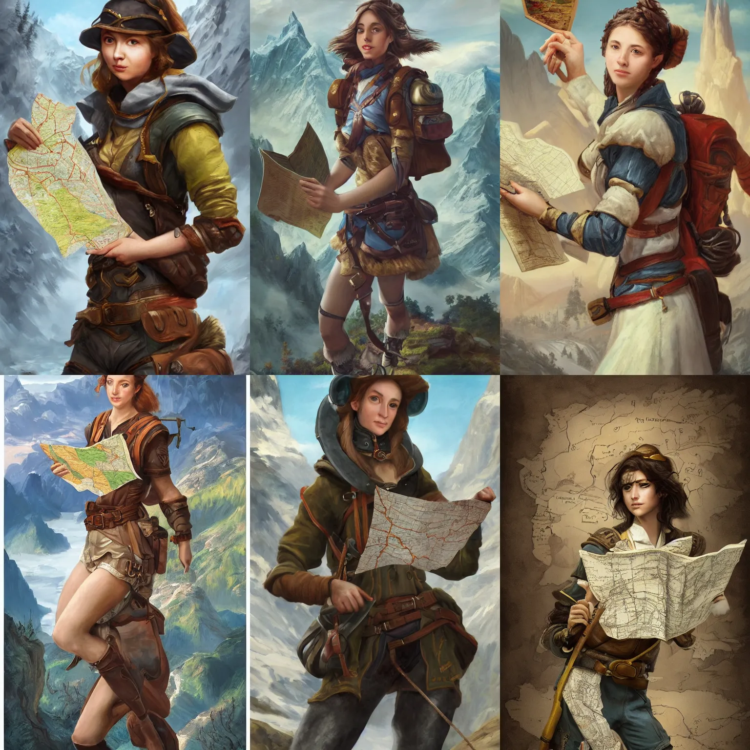 Prompt: A masterpiece portrait of a female explorer holding a map, full body shot, fantasy, mountainous terrain, action shot, trending on artstation