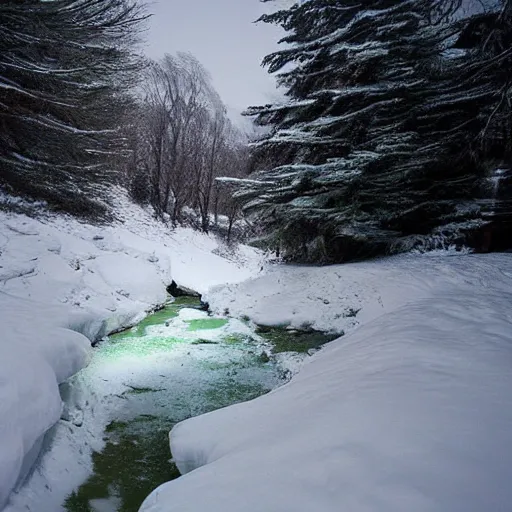 Prompt: snow cave under a snow patch with a stream running through it, light filtered through