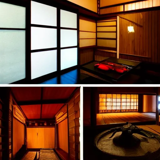 Prompt: inside a dimly lit cozy dark wooden Japanese house with a indoor koi pond at night raining, bonsai trees, fireflies, wild flowers, raining, night time