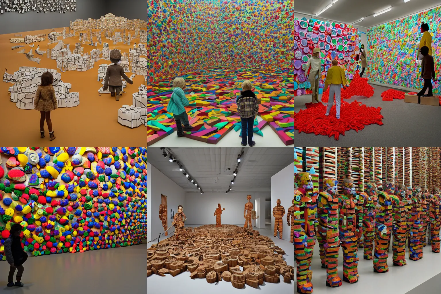 Prompt: childish and serious cardboard sculpture, displayed at a public art gallery in Vancouver, by Sandy Skoglund