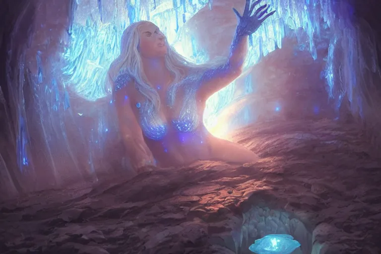 Prompt: blue - skinned naga encased in ice, underwater crystal caverns, concept art, beautiful blue lights, glowing crystals, d & d, fantasy, highly detailed, masterpiece, volumetric lighting, digital painting, artstation, smooth, sharp focus, illustration, art by artgerm, by greg rutkowski