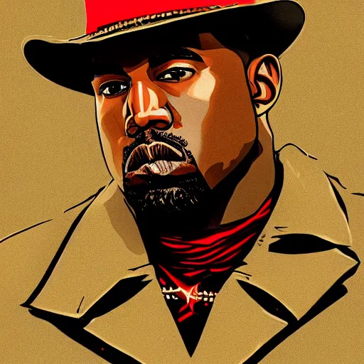 Prompt: kanye west in illustration red dead redemption 2 artwork of kanye west, in the style of red dead redemption 2 loading screen, detailed face by stephen bliss