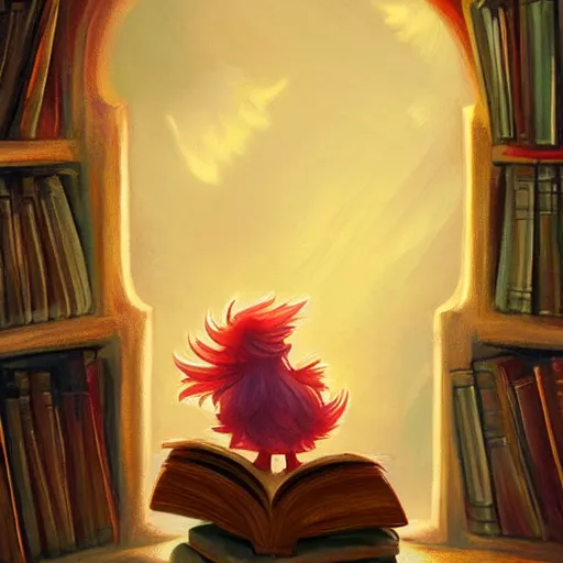 Prompt: a cartoonish adorable phoenix inside a library, curled up on a book, warm lighting, magical atmosphere, trending on artstation, 30mm, by Evgeny Lushpin trending on ArtStation, deviantart, high detail, stylized portrait