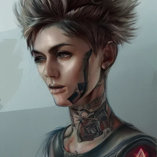 Prompt: tattooed dirty stoic butch heroic emotionless blonde woman computer engineer in tattered dirty flight suit, very short messy hair, highly detailed, digital painting, artstation, concept art, matte, sharp focus, illustration, art by artgerm