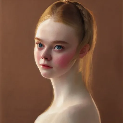 Image similar to Elle Fanning as an Android, head and shoulders, oil on canvas, golden hour, in the world of Andrew Wyeth, artstation, by J. C. Leyendecker and Peter Paul Rubens,