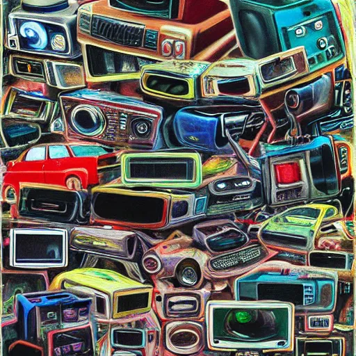 Image similar to array of crt televisions made out of cars, tv static, blob, technology, antenna, stacked, junkyard, polaroid, steroids, adult video store, impressionist painting, painting, acrylic painting, cell shaded