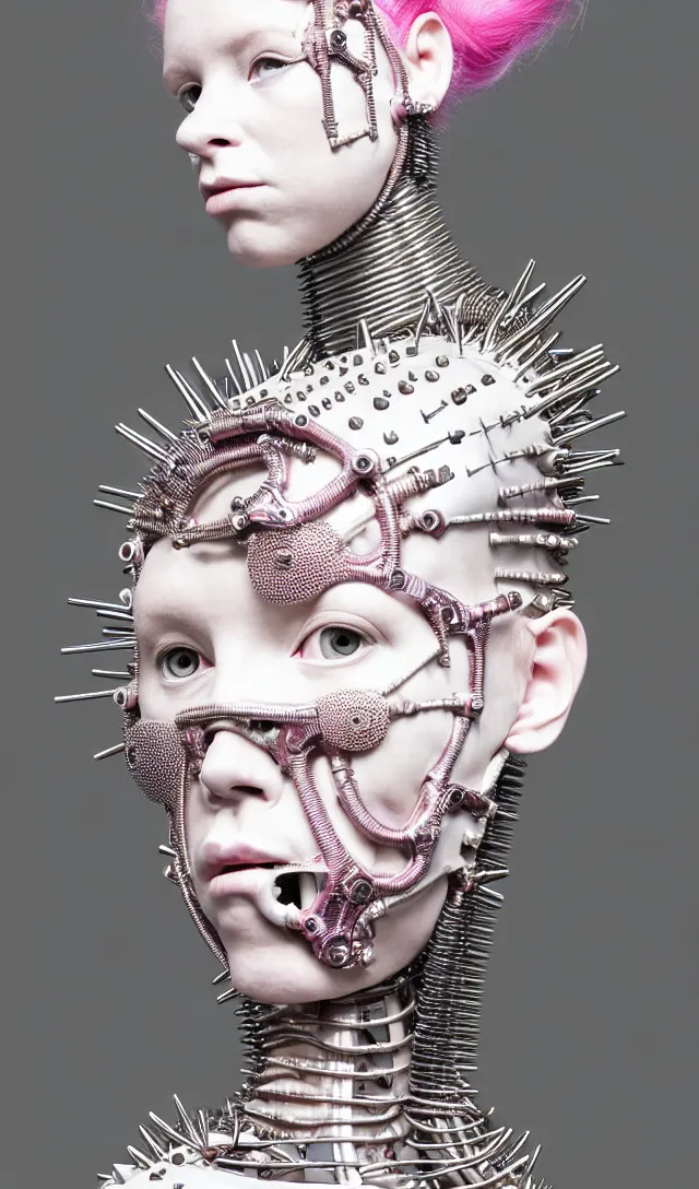 Image similar to portrait of a biomechanical goddess wearing a steel spikes studded iridescent beauty mask and pink hair buns, wearing a black bodysuit by alexander mcqueen, cream white background, soft diffused light, biotechnology, humanoid robot, perfectly symmetric, bjork aesthetic, translucent, by rineke dijkstra, intricate details, highly detailed, masterpiece,