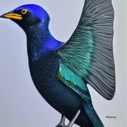 Prompt: a colored pencil drawing of a cap glossy starling by natalia rojas and ana maria martinez jaramillo, pastel color, wingspan, highly detailed, realistic graphite, artstation, 4 k, realism, photorealism, fine art