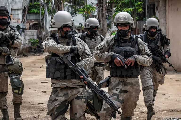 Image similar to Mercenary Special Forces soldiers in grey uniforms with black armored vest and black helmets behind an MRAP in urban warfare in Cambodia as artillery explodes 2022, Canon EOS R3, f/1.4, ISO 200, 1/160s, 8K, RAW, unedited, symmetrical balance, in-frame, combat photography
