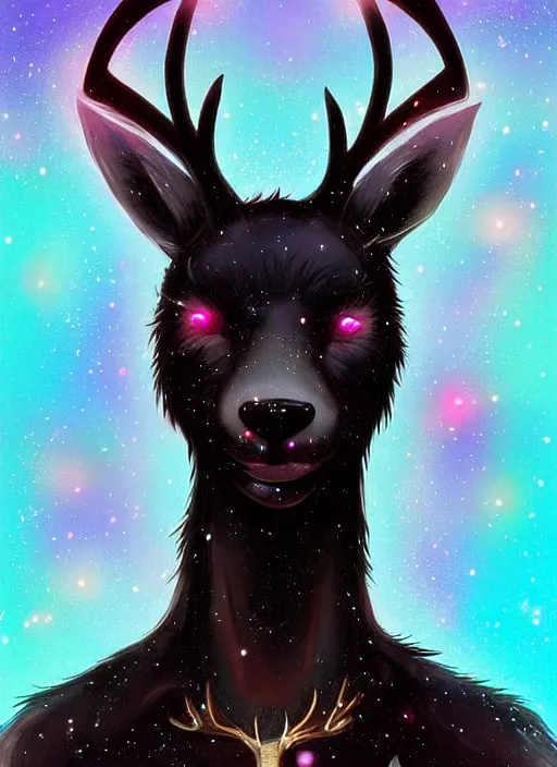 Image similar to award winning beautiful portrait commission of a male furry anthro Black Reindeer fursona with a tail, wings and a cute beautiful attractive detailed furry face wearing stylish black and rainbow galaxy clothes in a outerspace city at night while it rains. Character design by charlie bowater, ross tran, artgerm, and makoto shinkai, detailed, inked, western comic book art