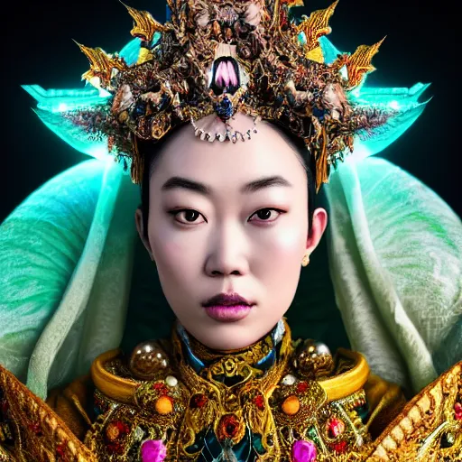 Image similar to a beautiful empress portrait, with a brilliant, impossible striking big cosmic galaxy headpiece, clothes entirely made out of cosmos chaos energy, symmetrical, dramatic studio lighting, rococo, baroque, jewels, asian, hyperrealism, closeup, D&D, fantasy, intricate, elegant, highly detailed, digital painting, artstation, octane render, 8k, concept art, matte, sharp focus, illustration, art by Artgerm and Greg Rutkowski and Alphonse Mucha