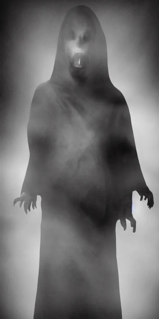 Prompt: a horrifying black and white nightmare of a creepy magazine editorial hassleblad octane render cinema 4 d vampire god in black robes ultra realistic close up face shot of the shadow eater ghost with his demonic mouth wide open volumetric lighting moody lighting god rays misty award winning top light from the year 1 9 2 0