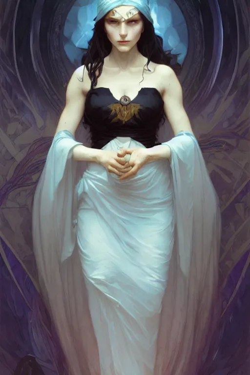 Image similar to portrait of a beautiful dark mystical woman, ice blue eyes, artstation, concept art, smooth, sharp focus, illustration, art by artgerm and greg rutkowski and alphonse mucha and william - adolphe bouguereau