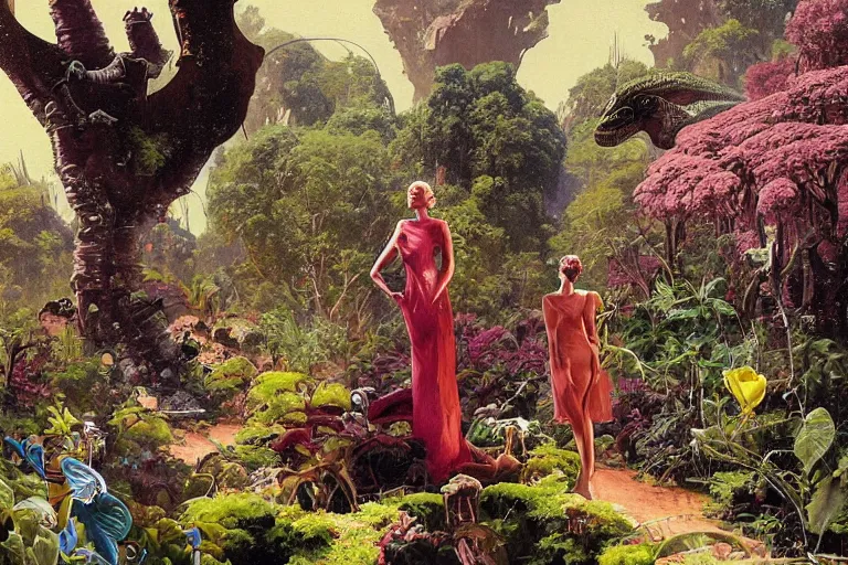 Image similar to pulp scifi illustration, elegant woman meets lizard alien in beautiful garden, flowers, baobab trees, distant town in valley and hills, spacehip lands, by norman rockwell, jack kirby, john berkey, bergey, craig mullins, ruan jia, raymond swanland, jeremy mann, beksinski, tom lovell, alex malveda, schomburg