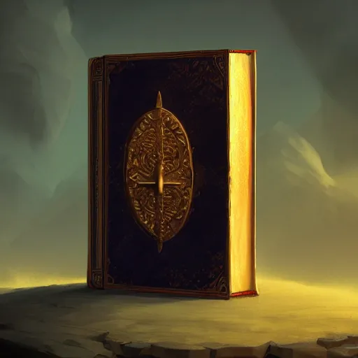 Prompt: a mysterious book with a golden quill on the, by roman shipunov, etienne hebinger, atey ghailan, cgsociety, cynical realism, fantasy art, 2 d game art