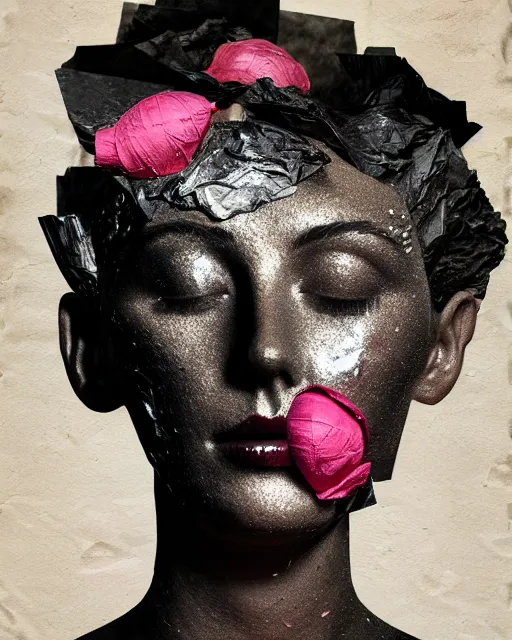 Prompt: a female head made of hot melting steel, rendered in blender peonies on her head, crumpled paper as a texture, collage paper and tape, slit - scan photography, hyperrealism mixed with expressionism, high resolution, cinematic, unreal 6, breathtaking detailed