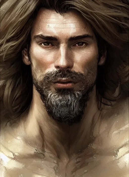 Prompt: portrait of a ruggedly handsome cleric, soft hair, muscular, half body, leather, hairy, d & d, fantasy, intricate, elegant, highly detailed, digital painting, artstation, concept art, smooth, sharp focus, illustration, art by artgerm and greg rutkowski and alphonse mucha