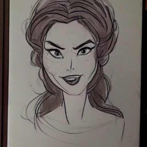 Image similar to milt kahl sketch of vanessa hudgeons with done up hair, tendrils covering face and ponytail as princess padme from star wars episode 3