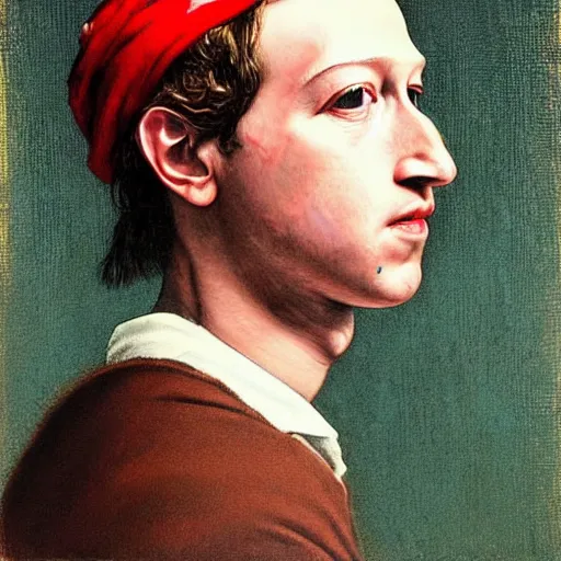 Prompt: mark zuckerberg with a Pearl Earring painted by Beksinski