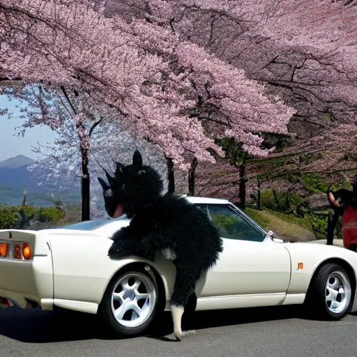 Image similar to photo of a dragon black polka dotted furred dragon driving a nissan hakosuka 2000 GTR down the cherry blossoming mt hakone