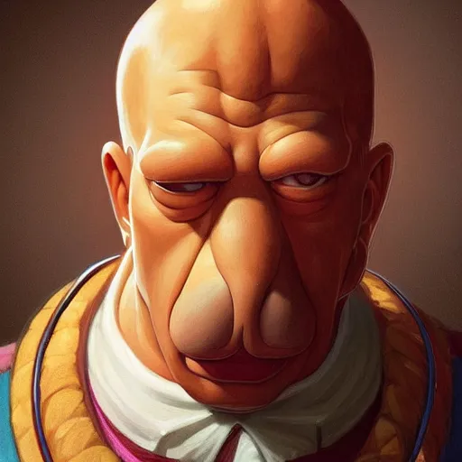 Image similar to portrait of homer simpson, d & d, fantasy, intricate, elegant, highly detailed, digital painting, artstation, concept art, smooth, sharp focus, illustration, art by artgerm and greg rutkowski and alphonse mucha