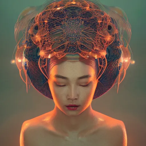 Image similar to goddess portrait. jellyfish phoenix head. intricate artwork by Tooth Wu and wlop and beeple. very coherent symmetrical artwork. cinematic, hyper realism, high detail, octane render, 8k