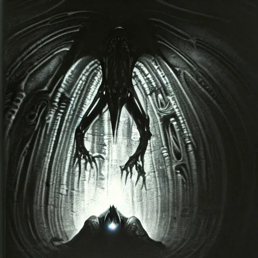 Prompt: a close - up, ultra detailed black & white studio photographic portrait of a loud screeching giant, bat - like creature flying towards you, you are exploring an alien planet and come across a strange, dark cave, dramatic backlighting, 1 9 7 3 photo from life magazine, by keith thompson, h. r. giger,