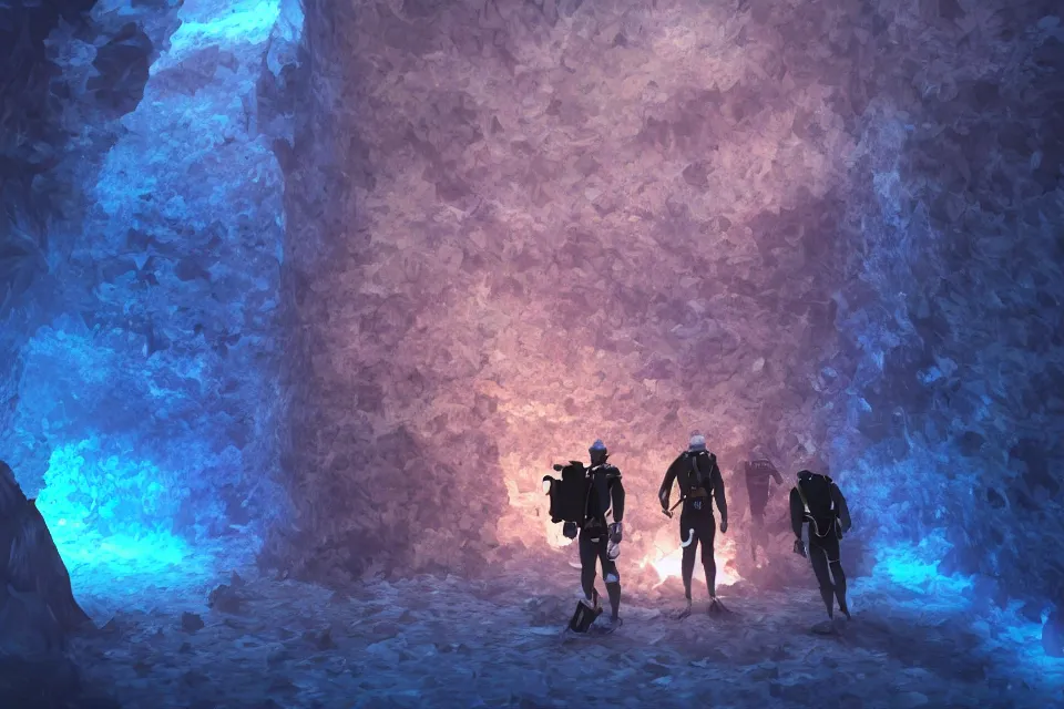 Image similar to divers with headtorch exploring a mystical crystal cave, realistic, octane render