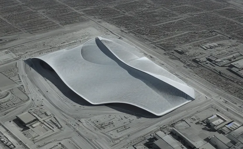 Image similar to parametric structure, medical complex, in the desert beside the gulf, view from above, design by bruce wayne, dezeen, architectural photography