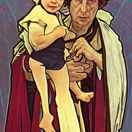 Image similar to baby gamorian guard being looked after by tom baker dr who, alphonse mucha