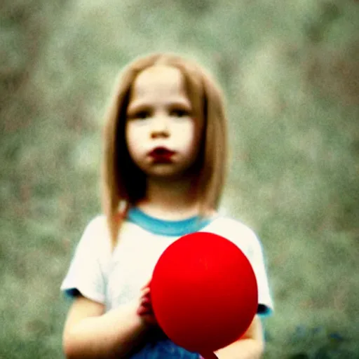 Prompt: dystopian grunge disposable camera photo of little girl holding a red balloon | horror | nightmare