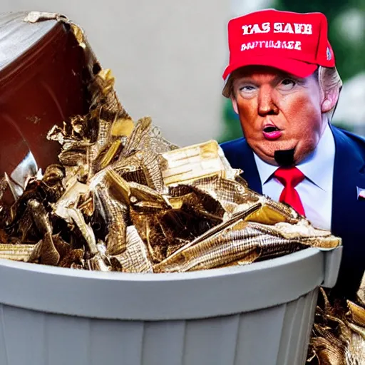 Image similar to trump hiding in a trash can, the lid slightly open