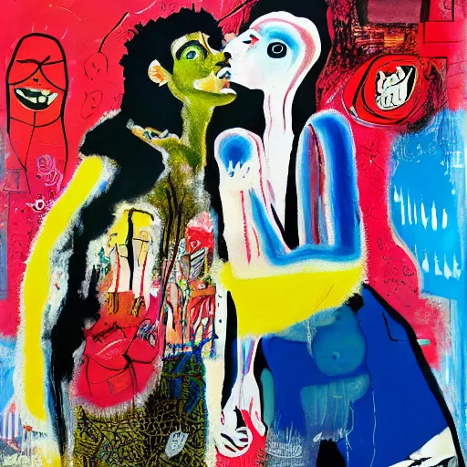 Image similar to acrylic painting of two bizarre psychedelic women kissing in japan in winter, speculative evolution, mixed media collage by basquiat and jackson pollock, maximalist magazine collage art, sapphic art, psychedelic illustration