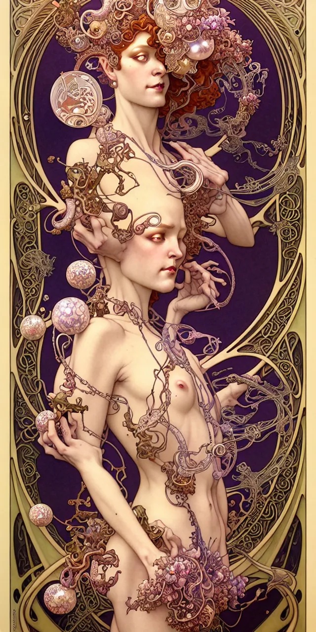 Image similar to beautiful art nouveau fantasy character portrait, ultra realistic, intricate details, the fifth element artifacts, highly detailed by peter mohrbacher, hajime sorayama, wayne barlowe, boris vallejo, aaron horkey, gaston bussiere, craig mullins alphonse mucha, art nouveau curves swirls and spirals, flowers pearls beads crystals jewelry goldchains scattered