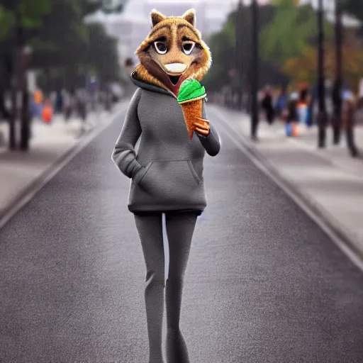 Image similar to furry art of female alligator walking down the street holding an icecream cone, digital art, artstation, 4K, detailed, detailed fur, wearing grey hoodie, zootopia, detailed face, anthromorphic,