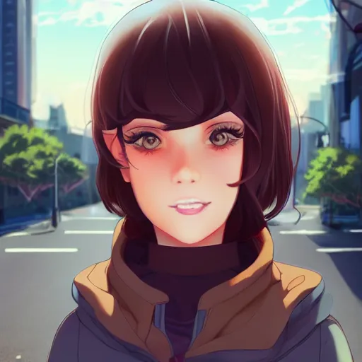 Image similar to a beautiful woman with a hime haircut, dark brown hair and tan skin, dark brown eyes, city landscape, 4k, anime key visual, lois van baarle, ilya kuvshinov, rossdraws, artstation