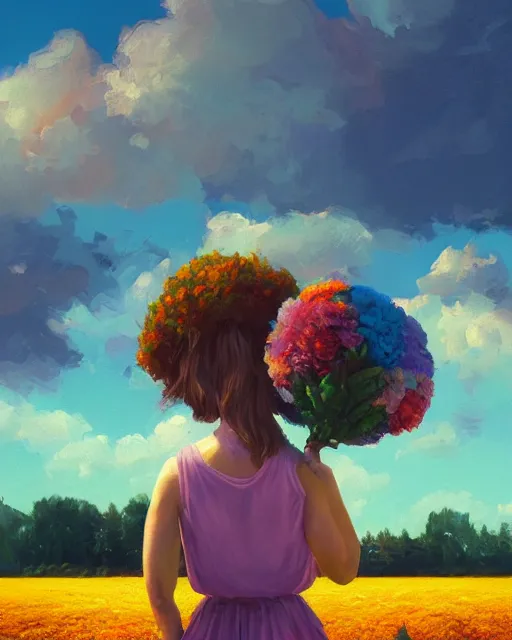 Image similar to girl with a giant carnation head, surreal photography, flower field, sunset dramatic light, impressionist painting, colorful clouds, blue sky, digital painting, artstation, simon stalenhag