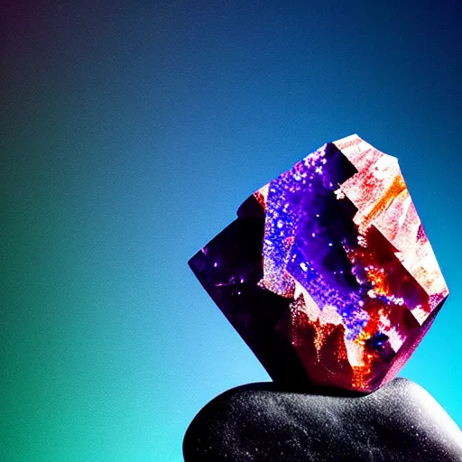 Image similar to a mineral rock, in a dark studio room, vaporwave theme. Photography of rare minerals. Tanzanite, Red Beryl, Bixbite, Red Emerald, Scarlet Emerald, Opal, Quartz, Elbaite, Calcite, Kunzite. in the style of artgerm.