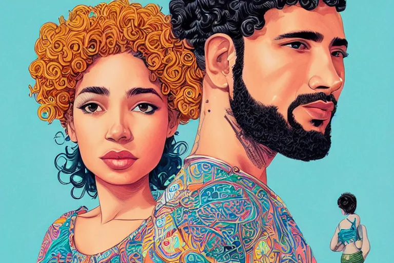 Prompt: a hispanic light - skinned girl with medium length curly hair, and a short - bearded mixed race man with short curly hair, in love, tristan eaton, victo ngai, artgerm, rhads, ross draws