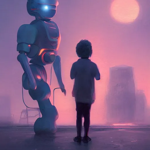 Image similar to digital painting of child playing with a huge humanoid robot in a park, sunset, a dark dystopian city behind a huge wall, stunning, cinematic lighting, concept art by greg rutkowski and simon stalenhag, artstation