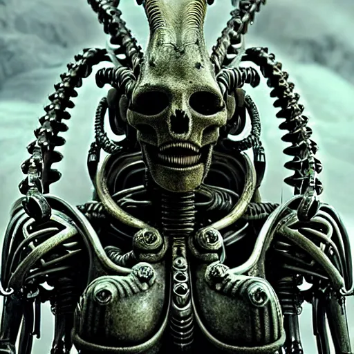 Image similar to still frame from Prometheus movie by giger, necron lord editorial by Malczewski, biomechanical armoured knight by Wayne Barlowe, ornate elaborate complex artifact of death